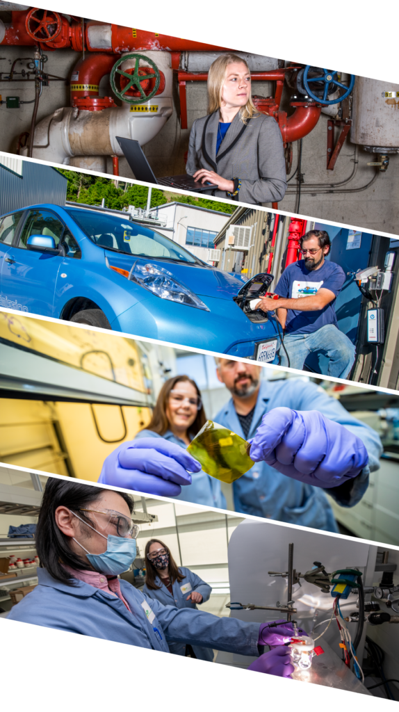 Collage of four images depicting energy researchers at work.